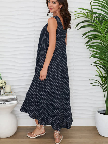 MILIO MILANO TEXTURED STRIPE LINEN MAXI TANK DRESS NAVY/WHITE