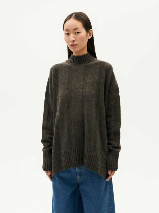 THINKING MU CAROL KNIT SWEATER OLIVE BLUE MELANGE