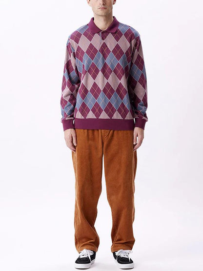 OBEY ARGYLE JACQUARD POLO LONG SLEEVE BEETROOT MULTI