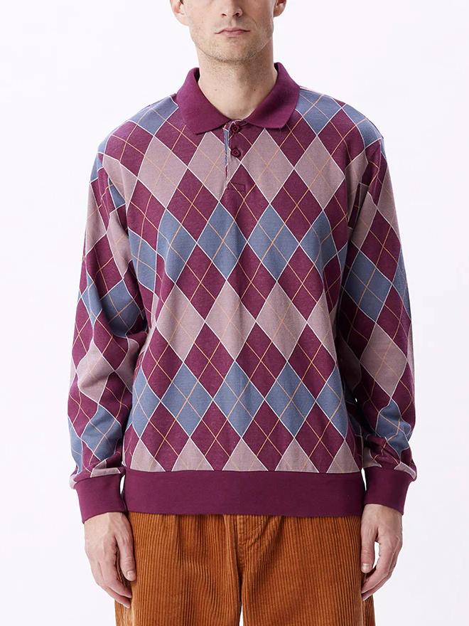 OBEY ARGYLE JACQUARD POLO LONG SLEEVE BEETROOT MULTI